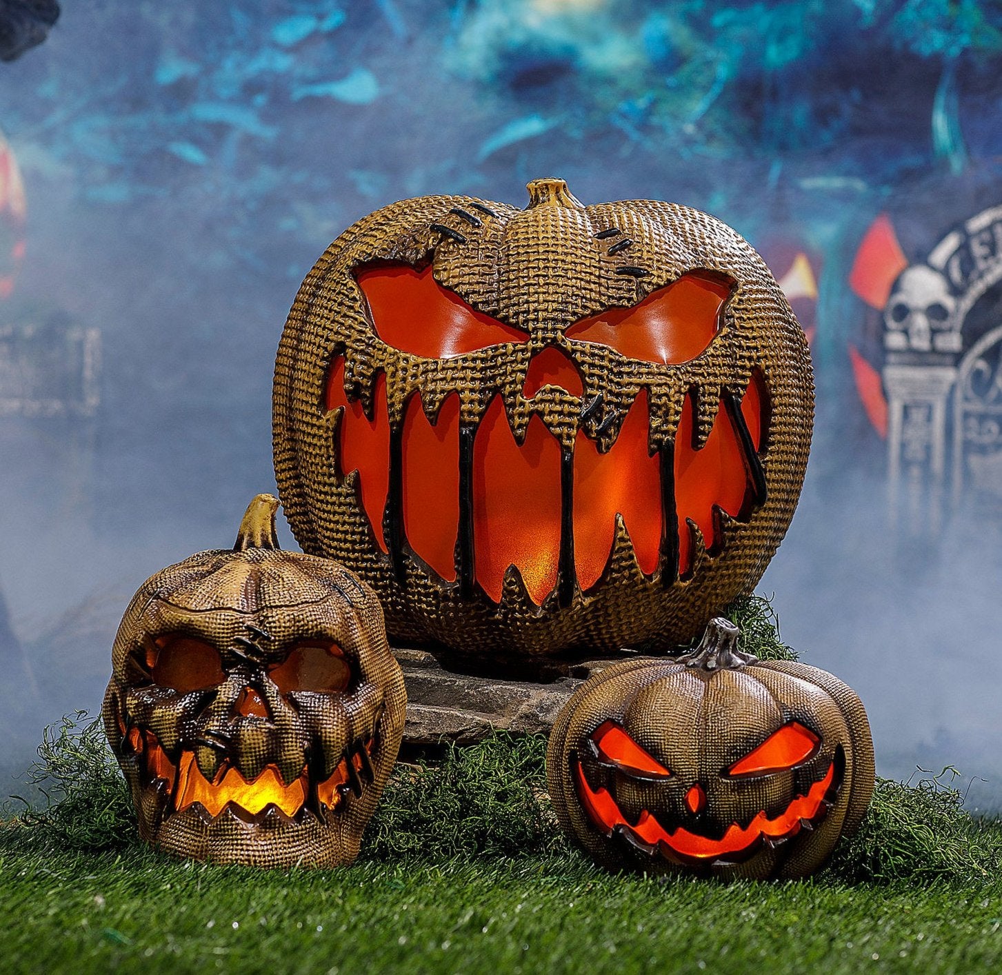 14" Animated Flaming Burlap Pumpkin Halloween Decoration