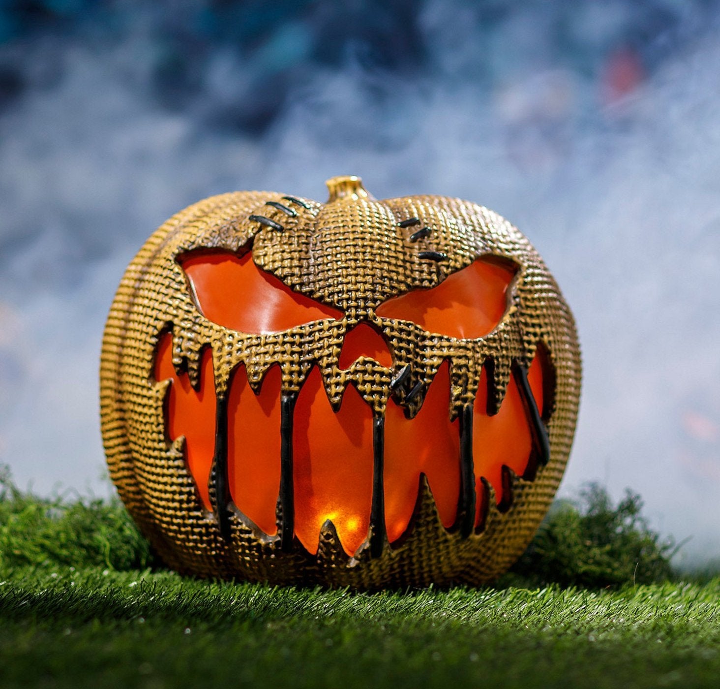 14" Animated Flaming Burlap Pumpkin Halloween Decoration