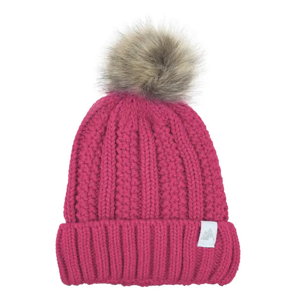 Girls Ribbed Cuff Hat ,Faux Fur Pom Sherpa Fleece Lined Fuchsia