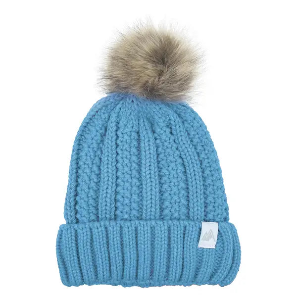 Girls Ribbed Cuff Hat ,Faux Fur Pom Sherpa Fleece Lined Blue