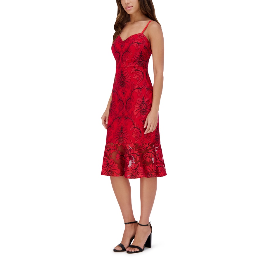 Embroidered Floral Flounce Hem Dress Red /Black - Siena