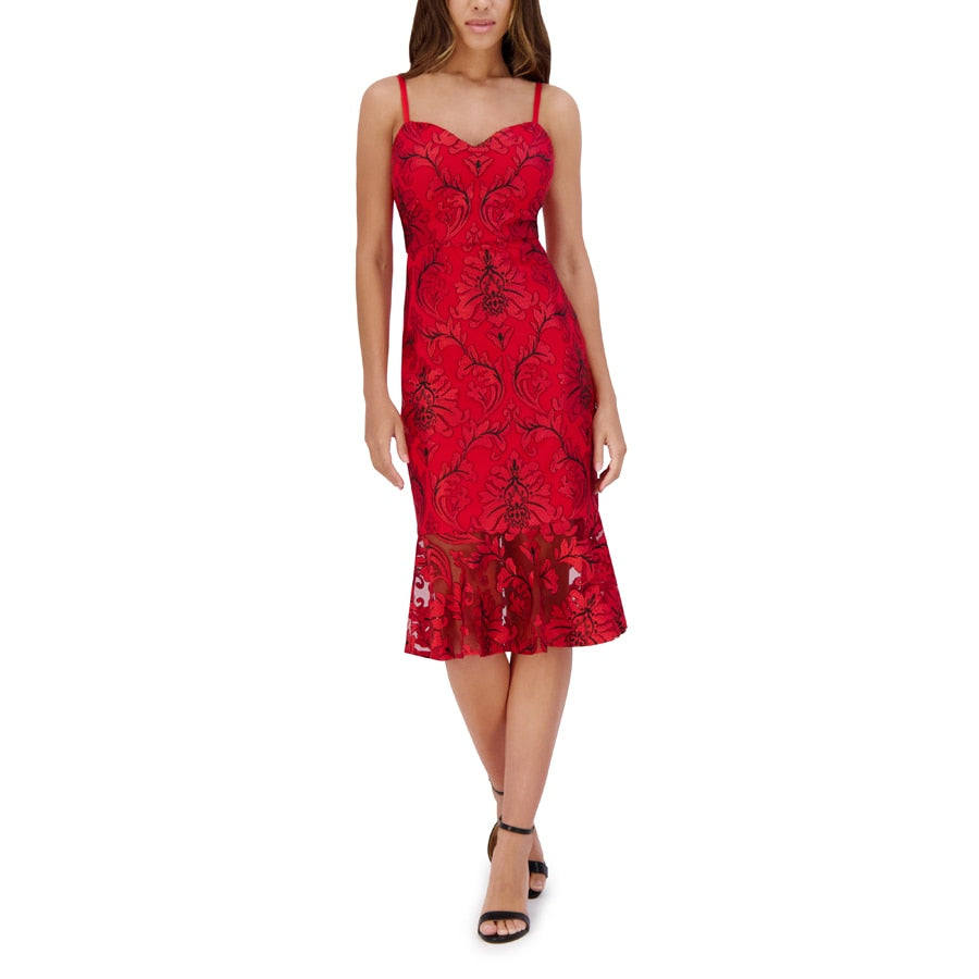 Embroidered Floral Flounce Hem Dress Red /Black - Siena