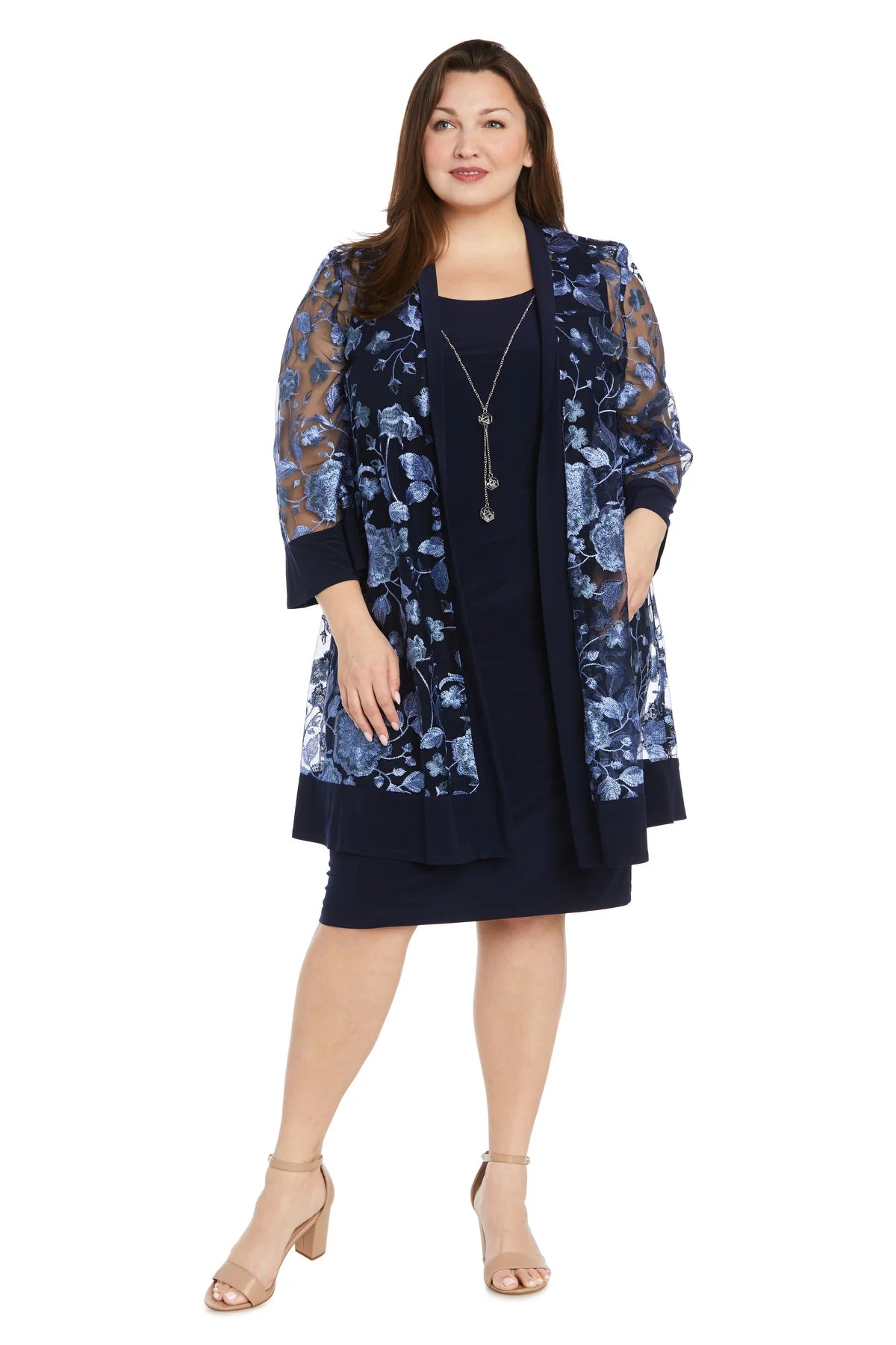 2PC Jacket Dress with Floral Threadwork - Plus Navy Periwinkle - RM Richards