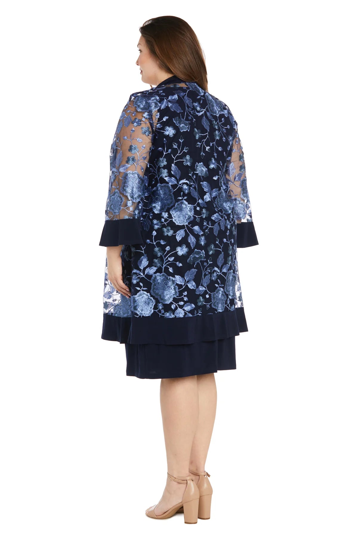 2PC Jacket Dress with Floral Threadwork - Plus Navy Periwinkle - RM Richards