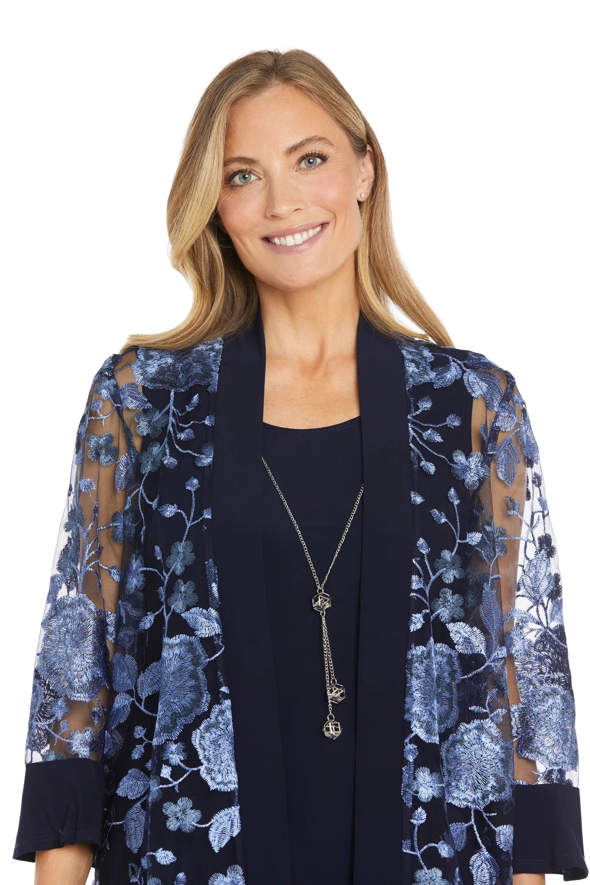 2PC Jacket Dress with Floral Threadwork - Navy Periwinkle - RM Richards