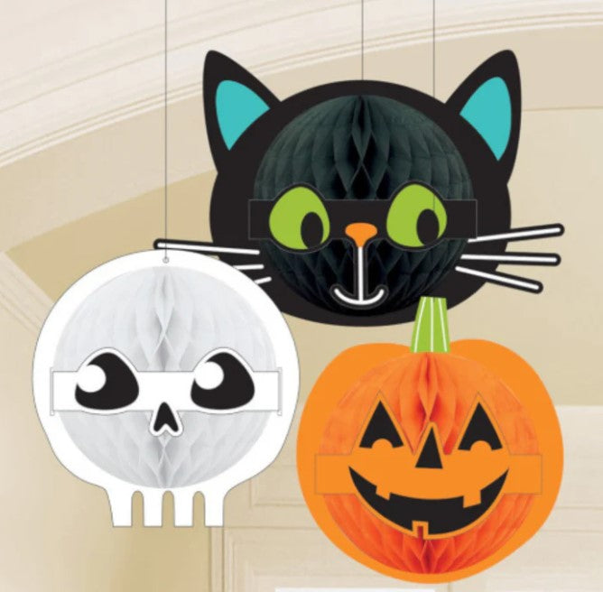 3 Piece Honeycomb Paper Hanging Indoor Halloween Decorations Pumpkin, Cat, Ghost