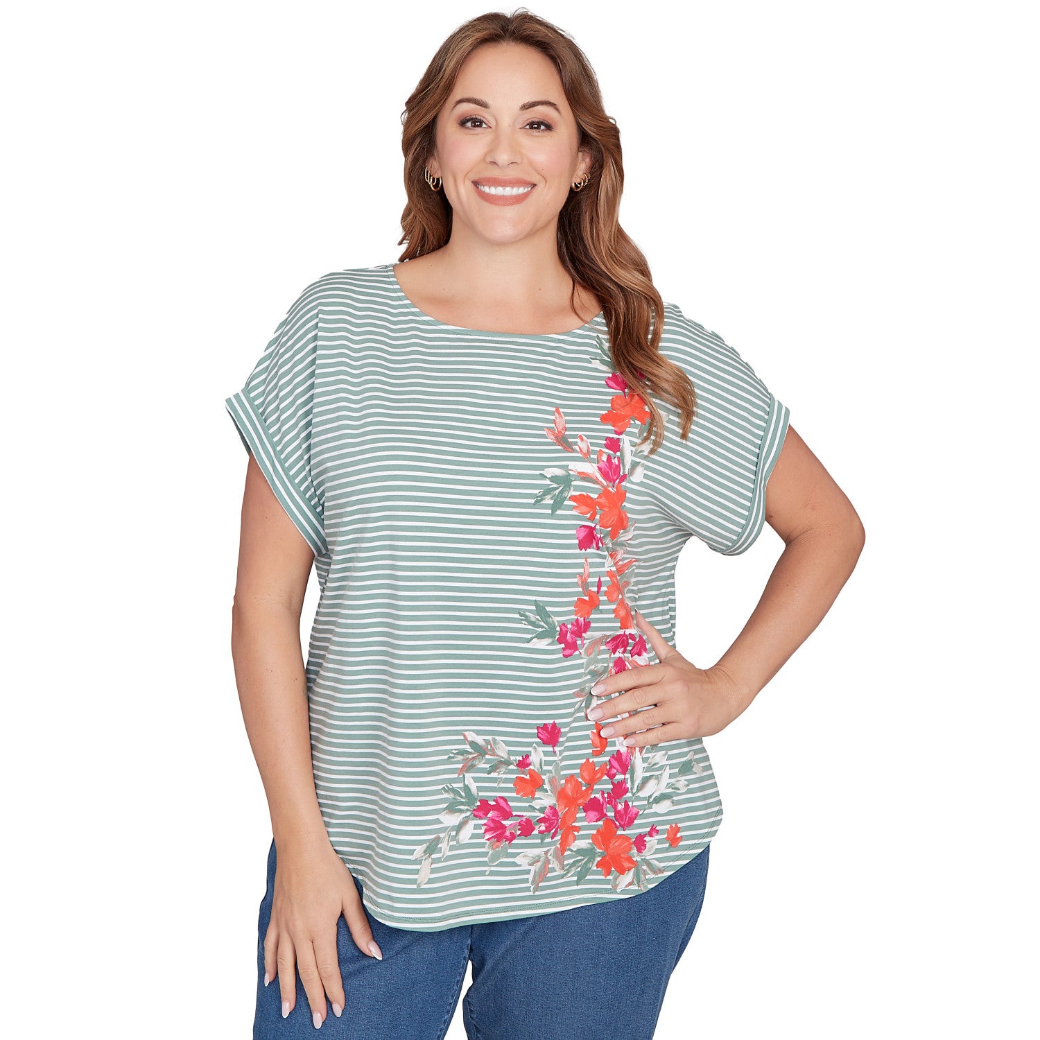 Plus Floral Stripe Jersey Tee Bayleaf Multi - Ruby Rd