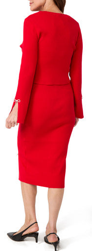 Dress V Neck Rib Cardigan with Red