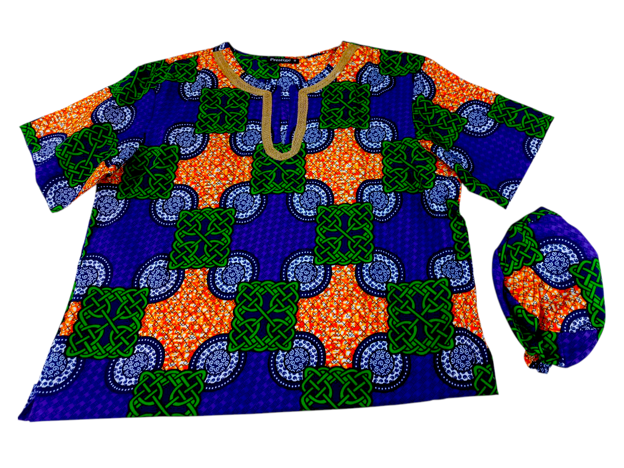 Camisa y Kufi Caballero Morado-Verde-Naranja (Etnia Negra)