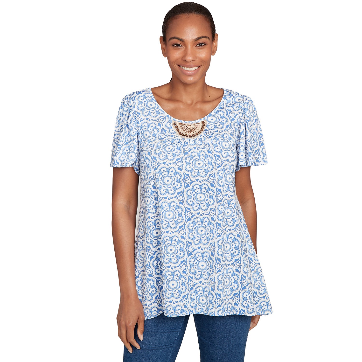 Beaded Macrame Puff Print Tee Blue Sky Multi - Ruby Rd