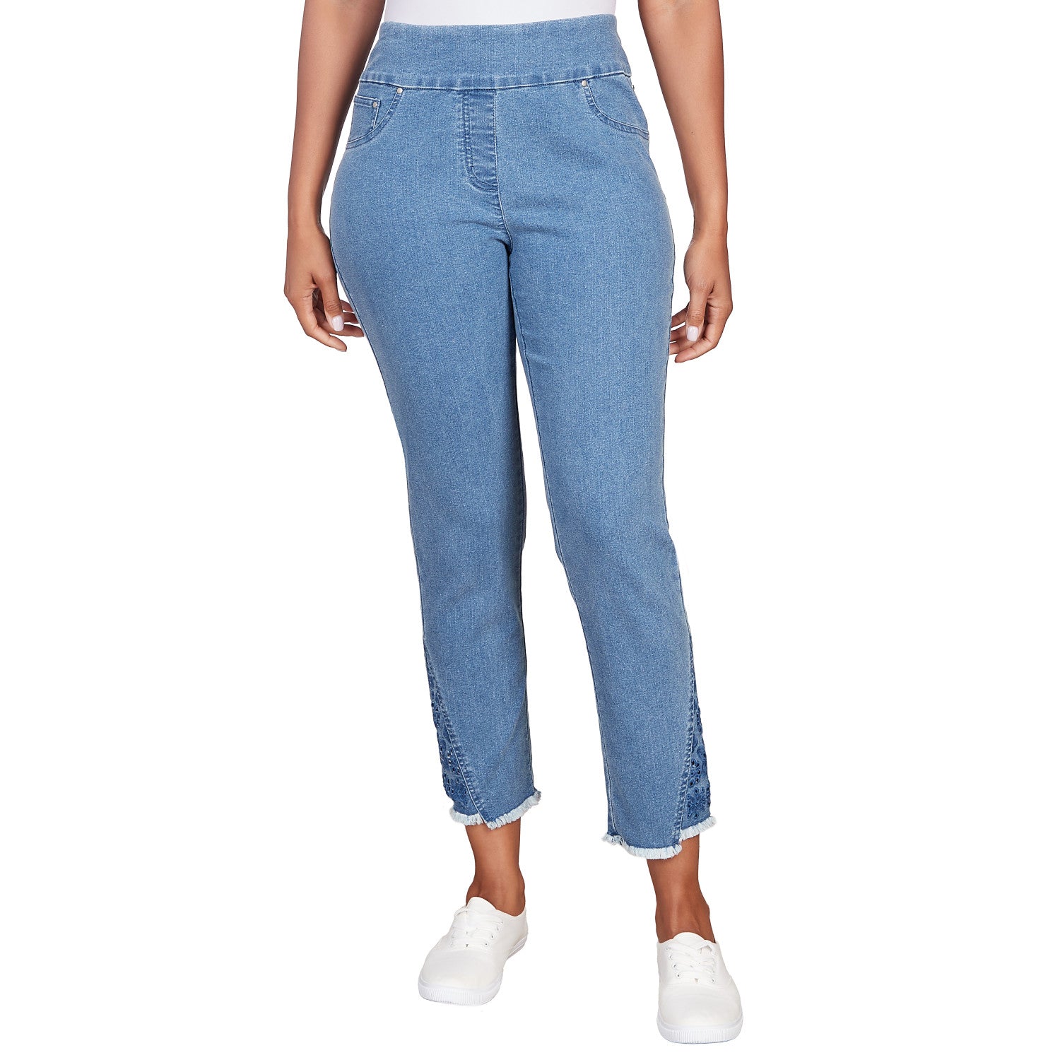 Embroidered Ankle Pull On Stretch Denim Jeanst- Ruby Rd