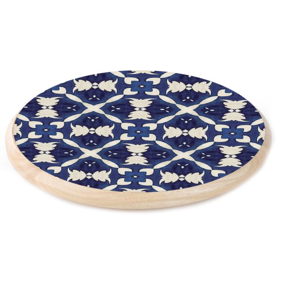 White & Blue Pattern Wood Lazy Susan