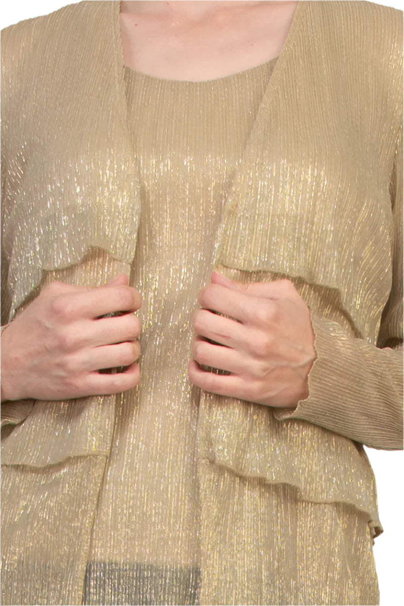 Round Neck Top and Long Sleeve Layered Cardigan Sweater Gold - Marina
