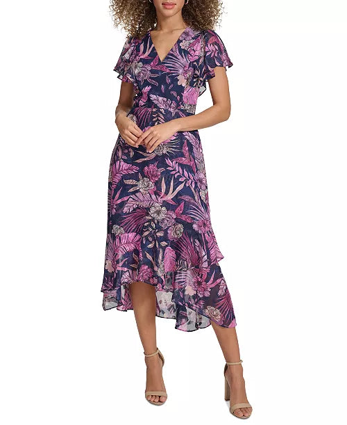 Dress Printed Flutter-Sleeve Midi Navy Multi - Siena