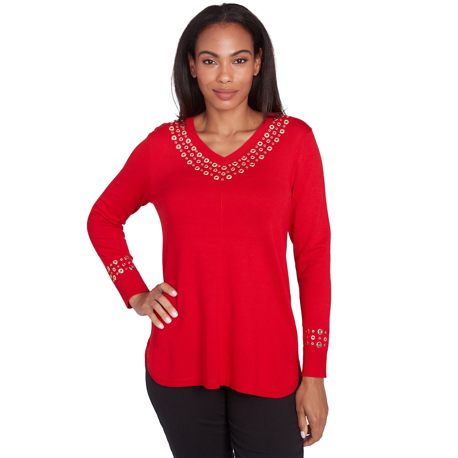 Grommet Embellished Fine Gauge Sweater Lipstick - Ruby Rd