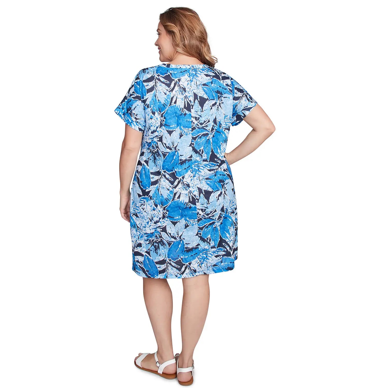 Plus Batik Leaf Tie-Front Jersey Dress French Blue Multi - Ruby Rd