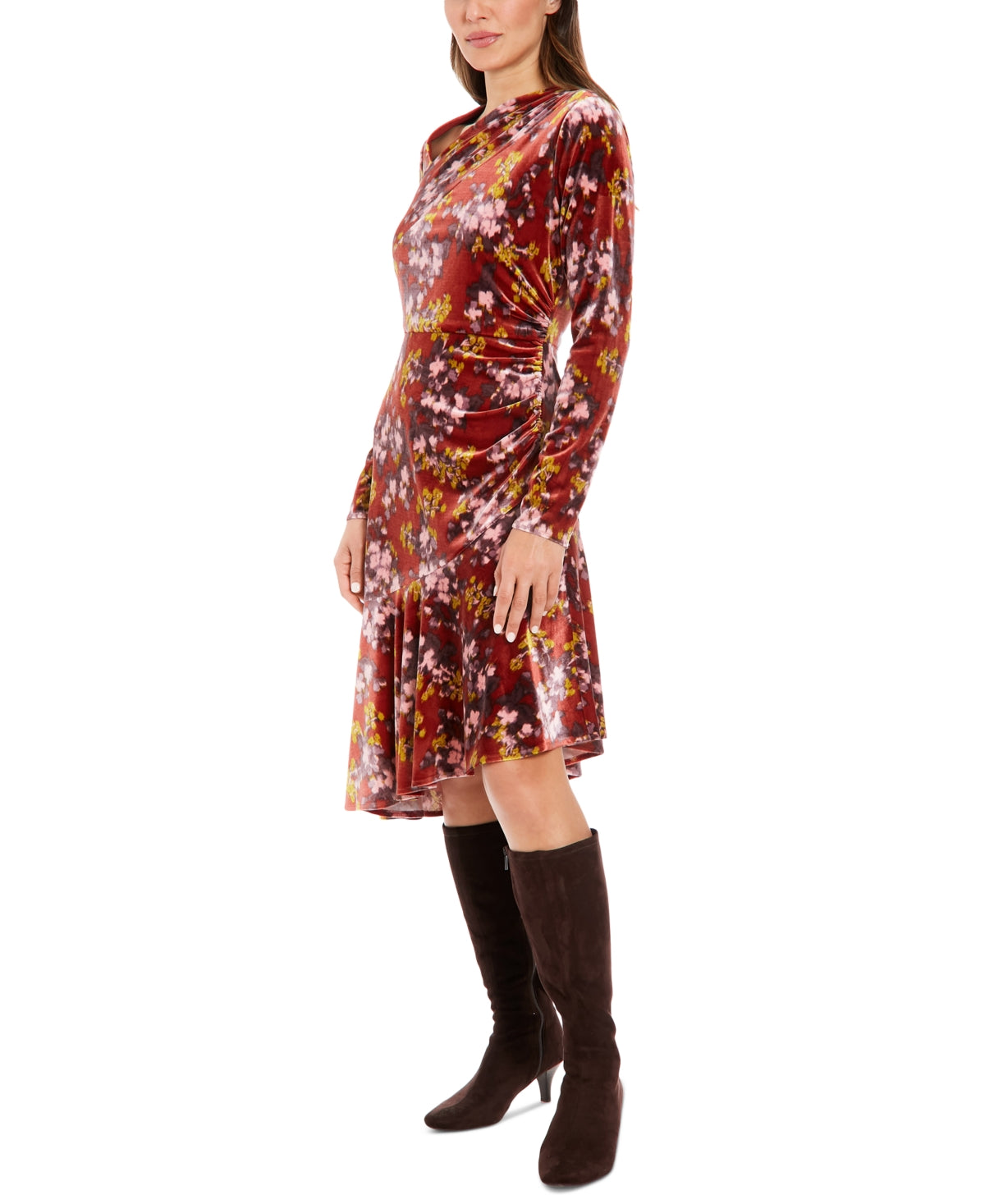 Floral Long Sleeve Ruched Dress Red Multi - London Times