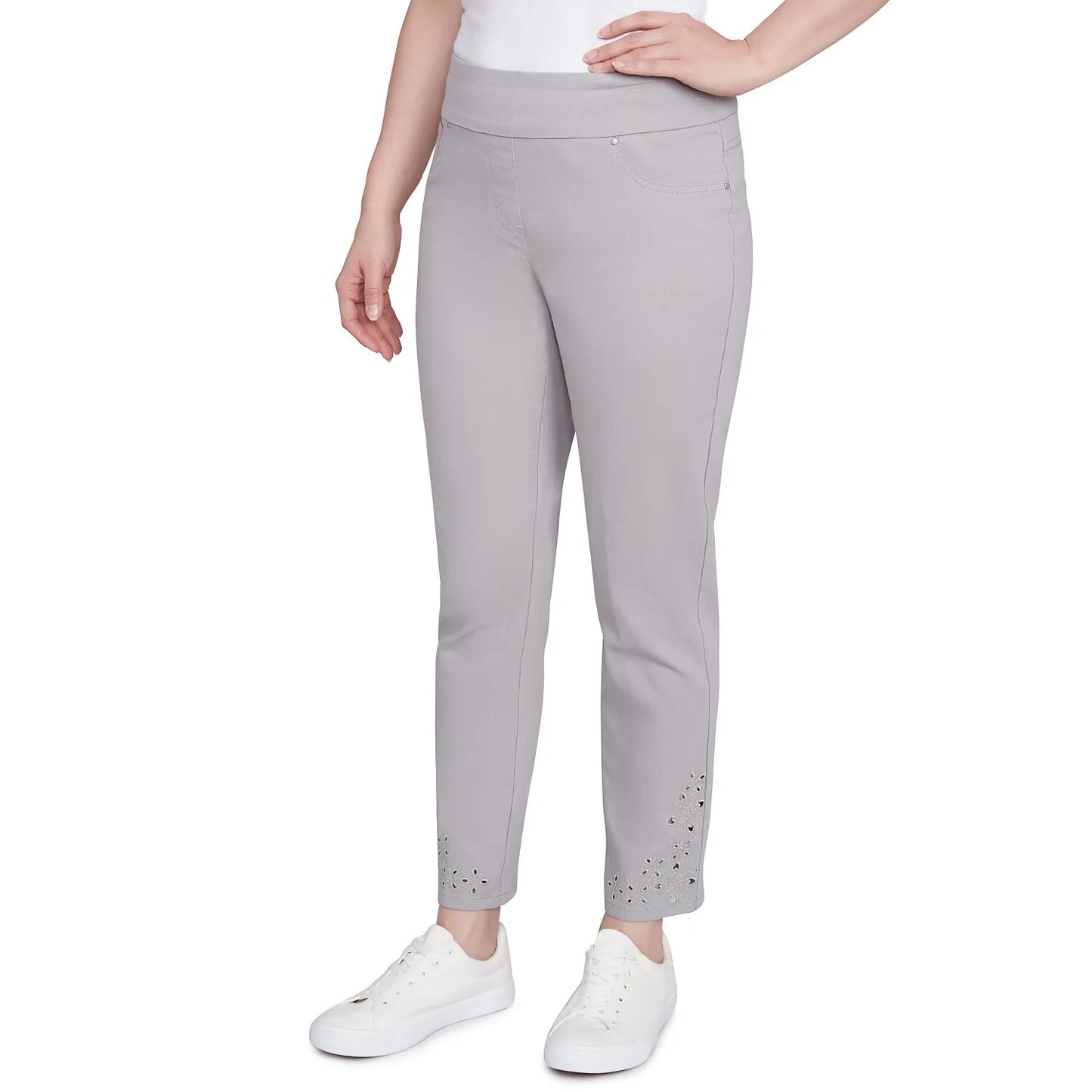 Pull-On Extra Stretch Embroidered Hem Jeans Grey - Ruby Rd