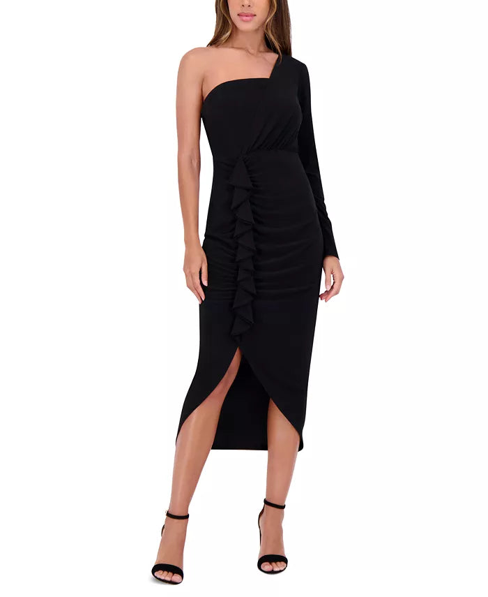 Ruffled One-Shoulder Midi Dress Black - Siena