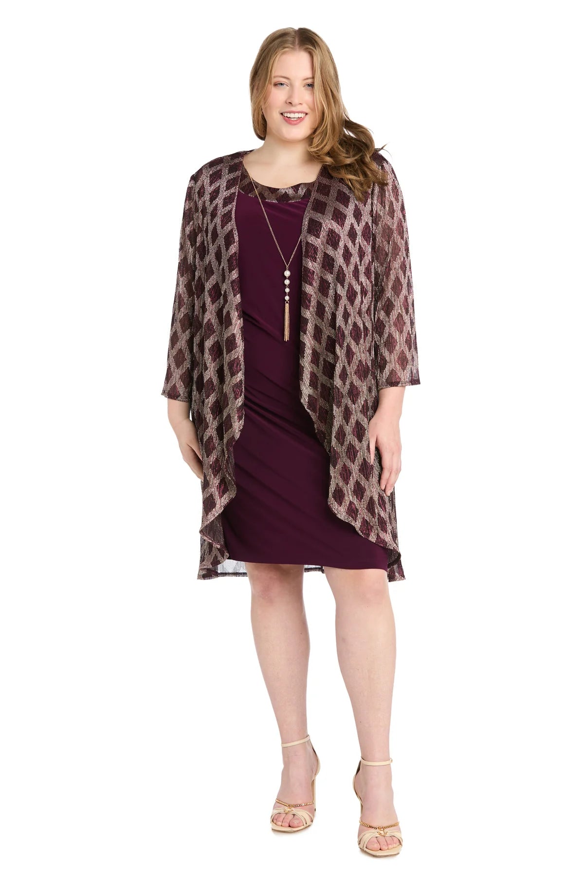 Metallic Flyaway Jacket Dress Merlot / Gold - Plus- RM Richards