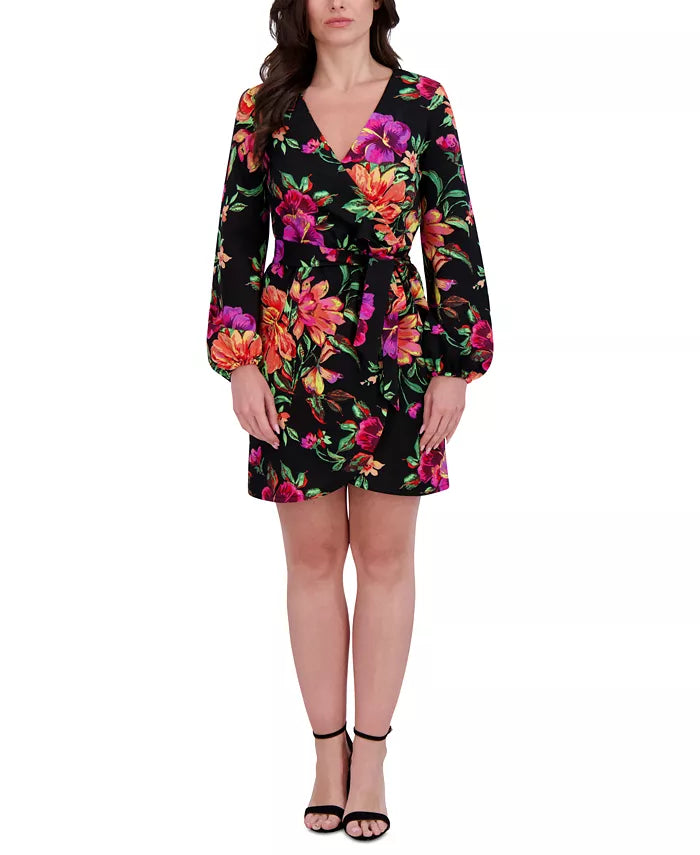 Floral Surplice V-Neck Long-Sleeve Dress Black Multi - Siena