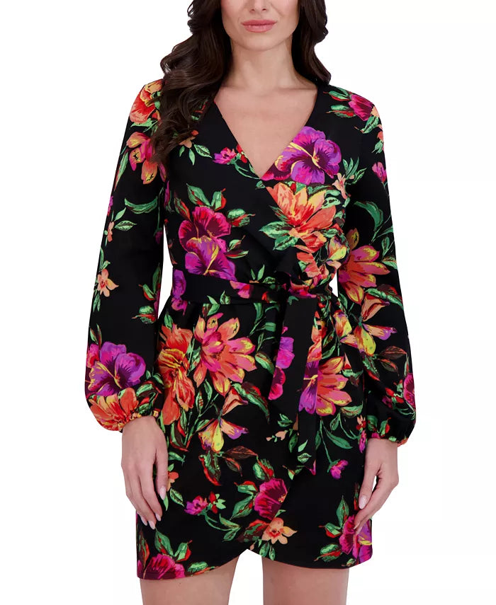 Floral Surplice V-Neck Long-Sleeve Dress Black Multi - Siena