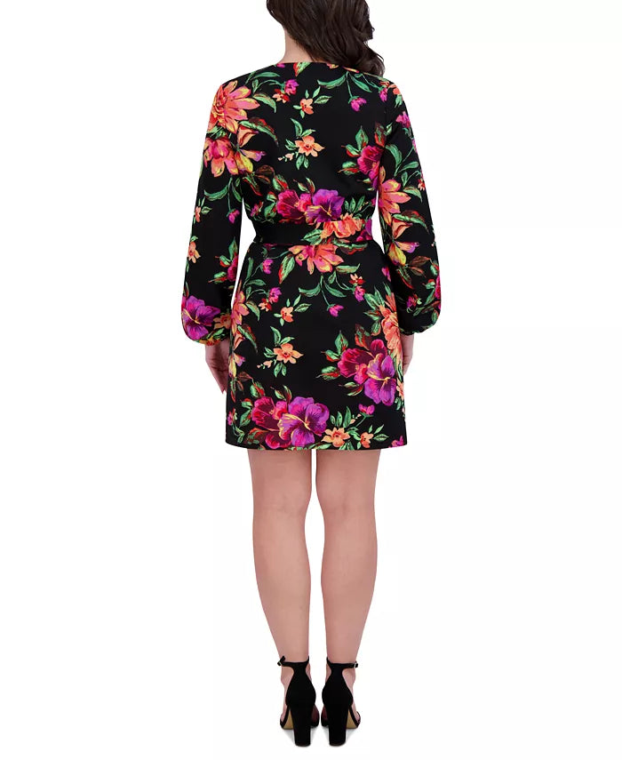Floral Surplice V-Neck Long-Sleeve Dress Black Multi - Siena