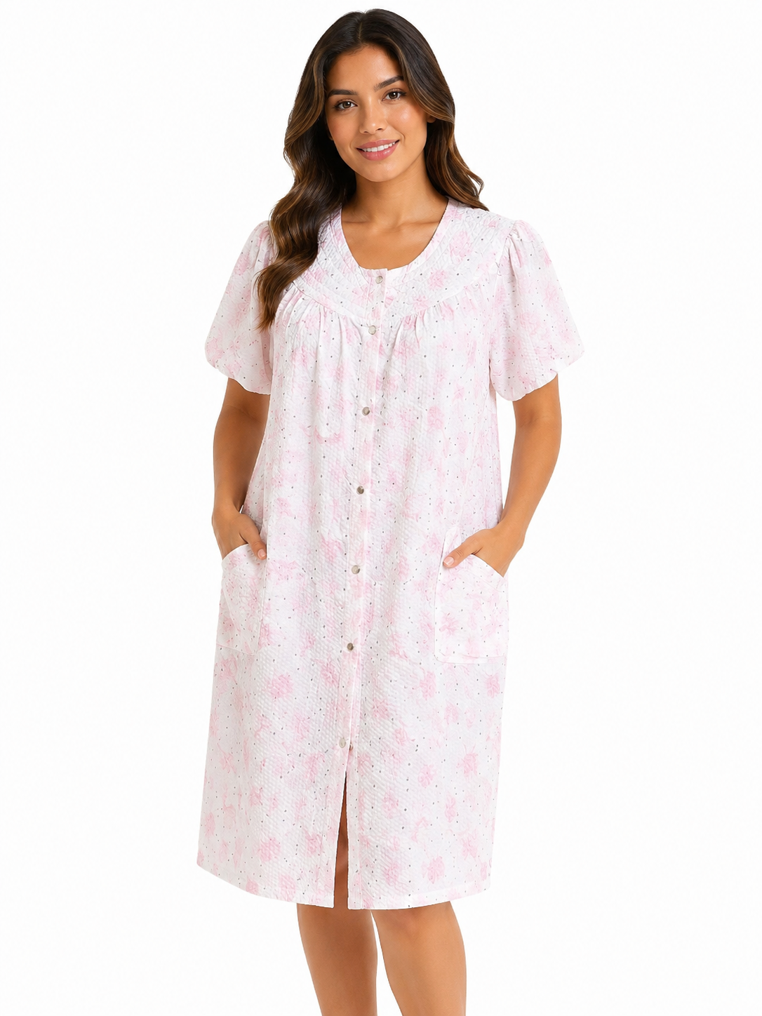 Ladies Trapunto Duster w / Snaps & Pockets , Floral Pink