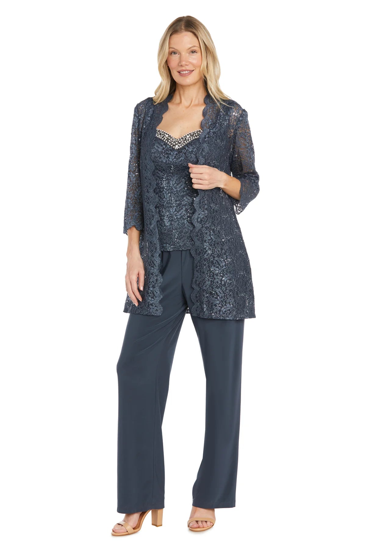 3PC Lace Pantsuit With Delicate Sequins and a Pearl-Detailed Neckline Coal