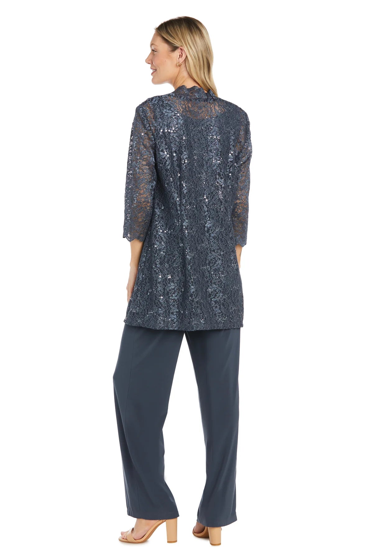 3PC Lace Pantsuit With Delicate Sequins and a Pearl-Detailed Neckline Coal