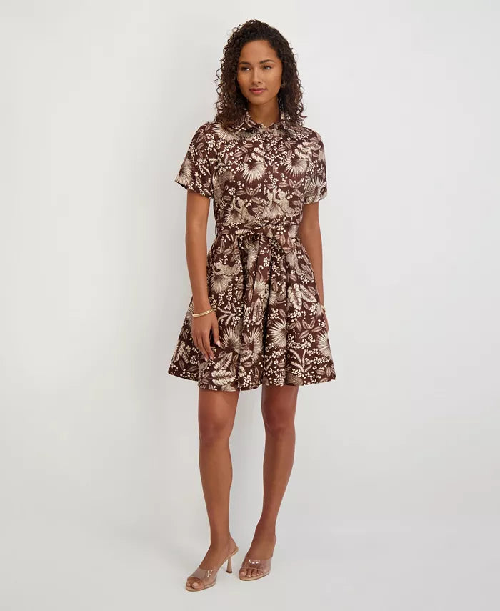 Floral Print Textured Stretch Taffeta Shirt Dress Choco Multi - Kensie