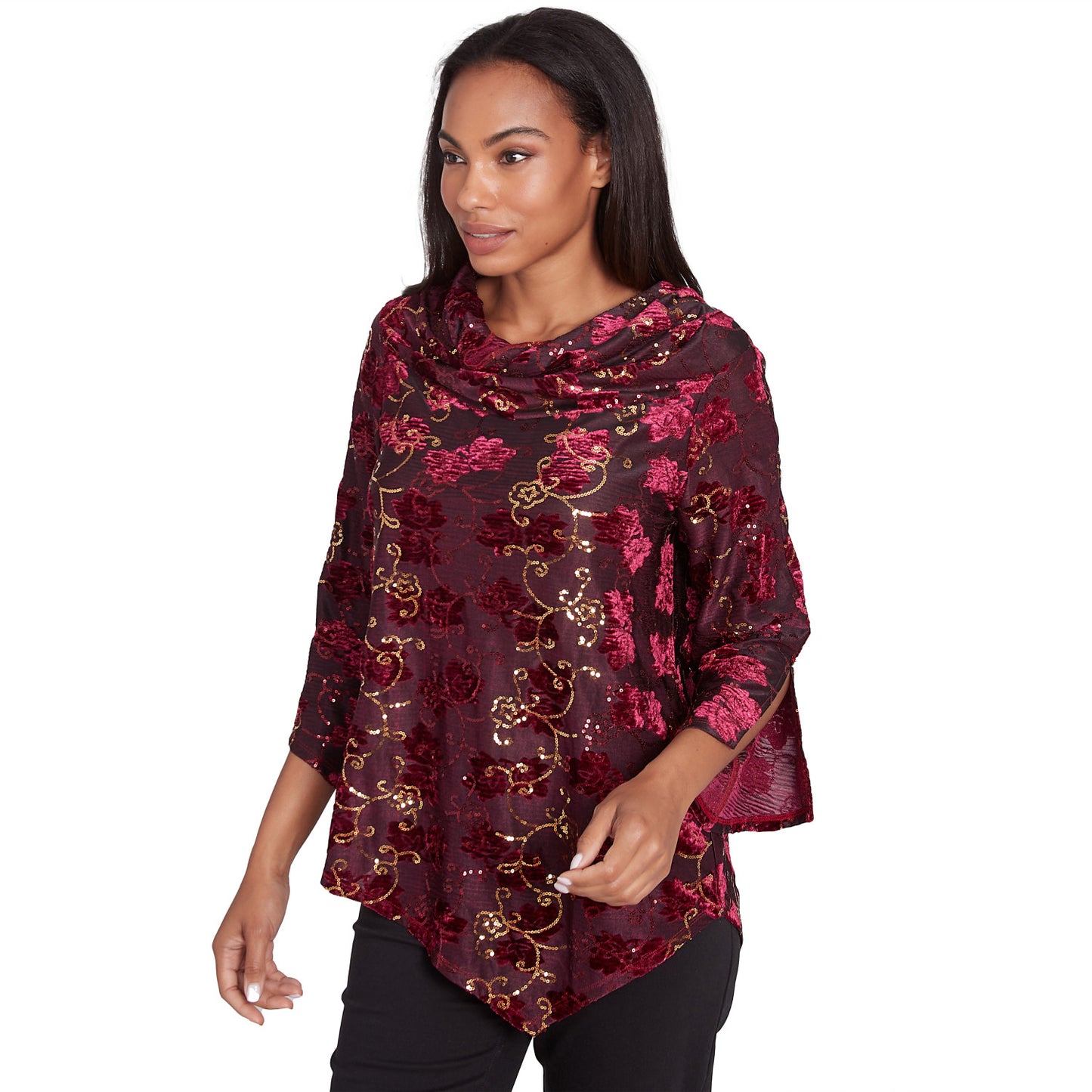 Iridescent Sequin Velvet Floral Cowl Neck Top Beet Multi - Ruby Rd