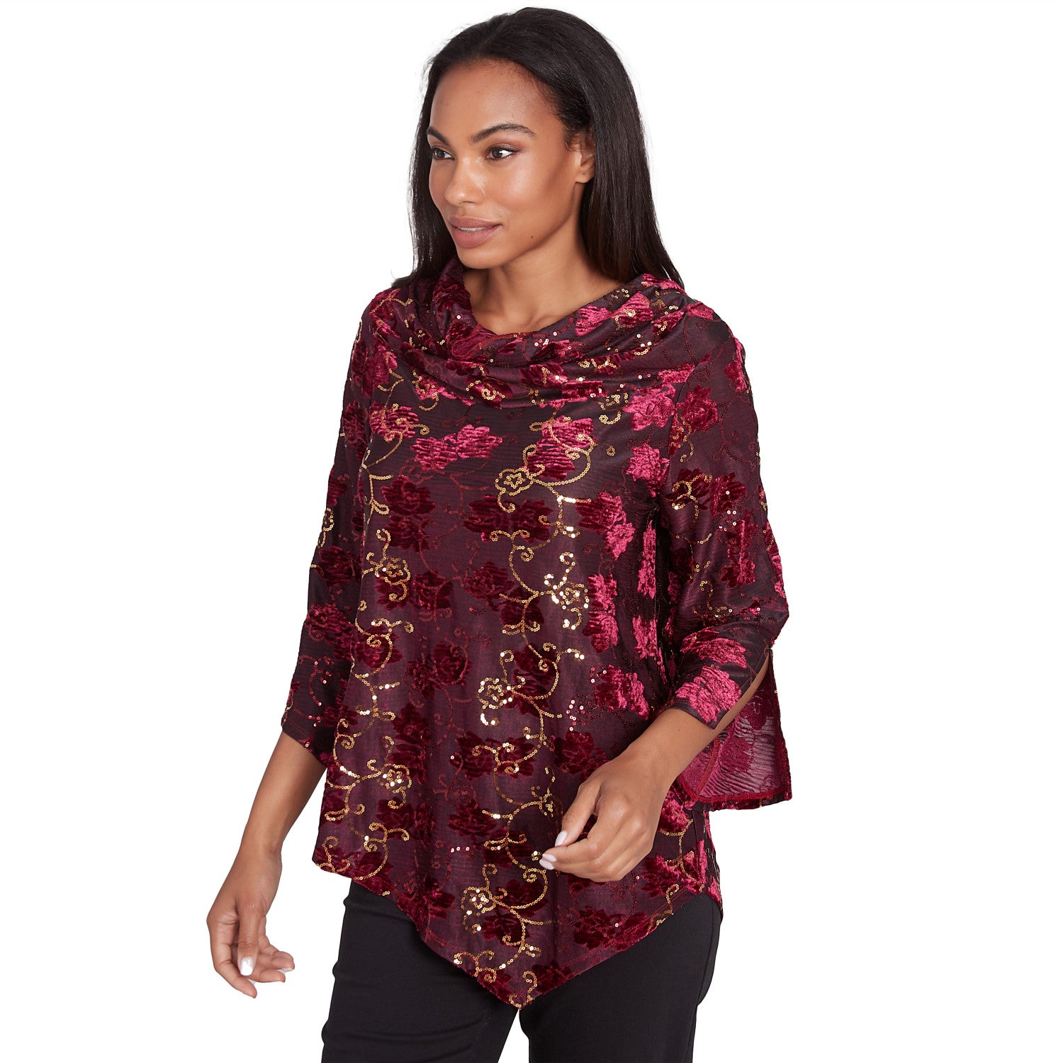 Iridescent Sequin Velvet Floral Cowl Neck Top Beet Multi - Ruby Rd