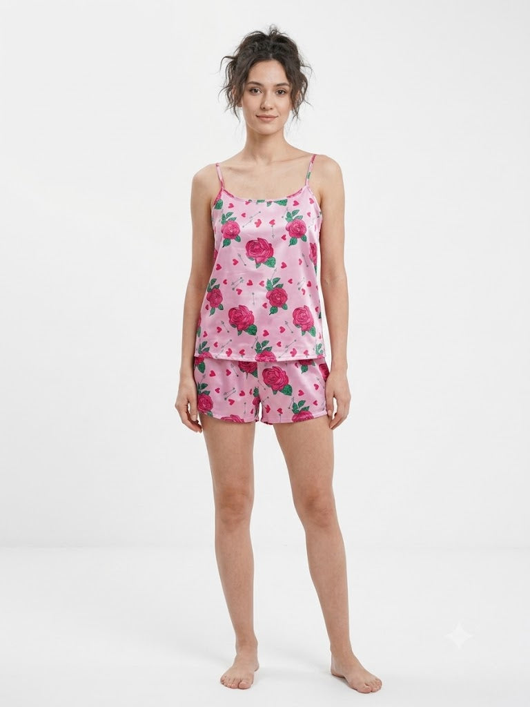 Ladies 2PC Satin Cami / Short PJ Set Pink Flowers
