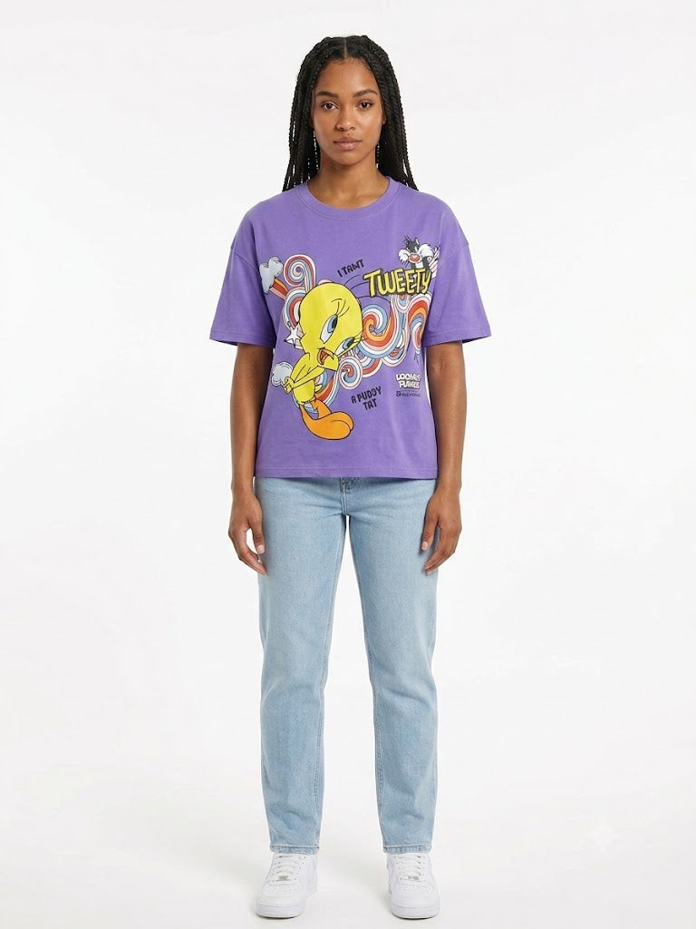 Tweety Boxy Crop Tee Purple