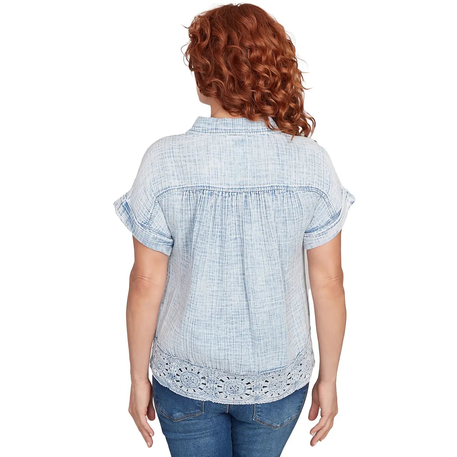 Snow Washed Crochet Hem Collared Tee Chambray - Ruby Rd