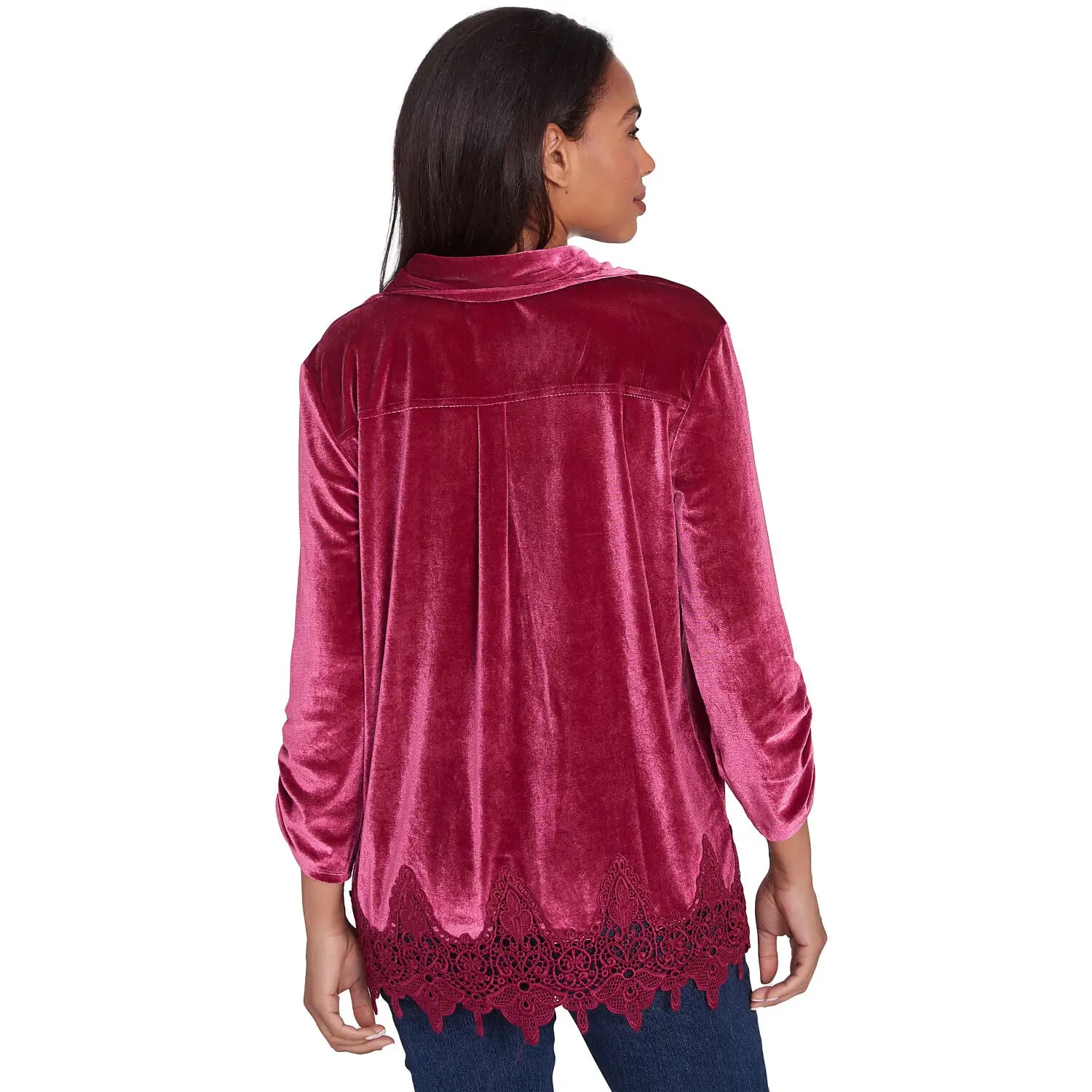 Stretch Velvet Lace Trim Top Beet - Ruby Rd
