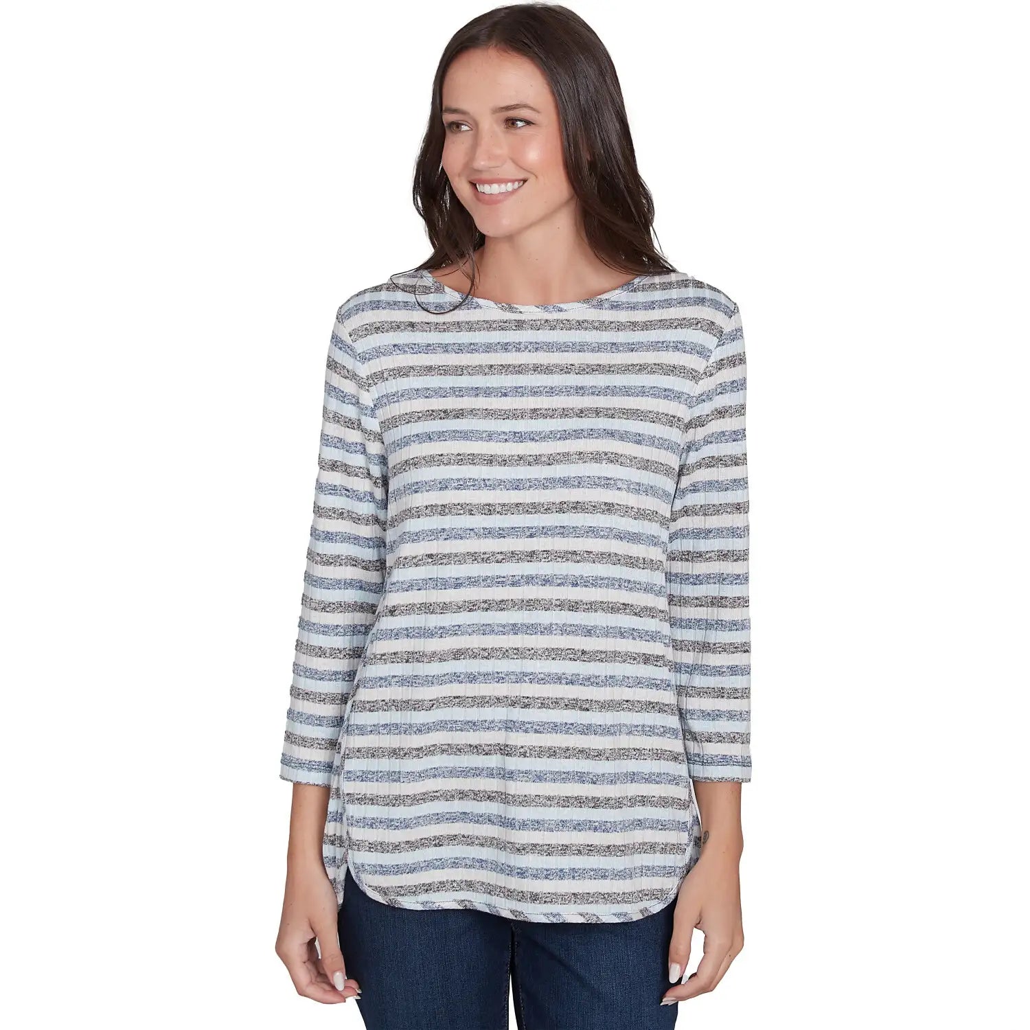 Boat Neck Marled Striped Rib Knit Top Indigo Multi - Ruby Rd