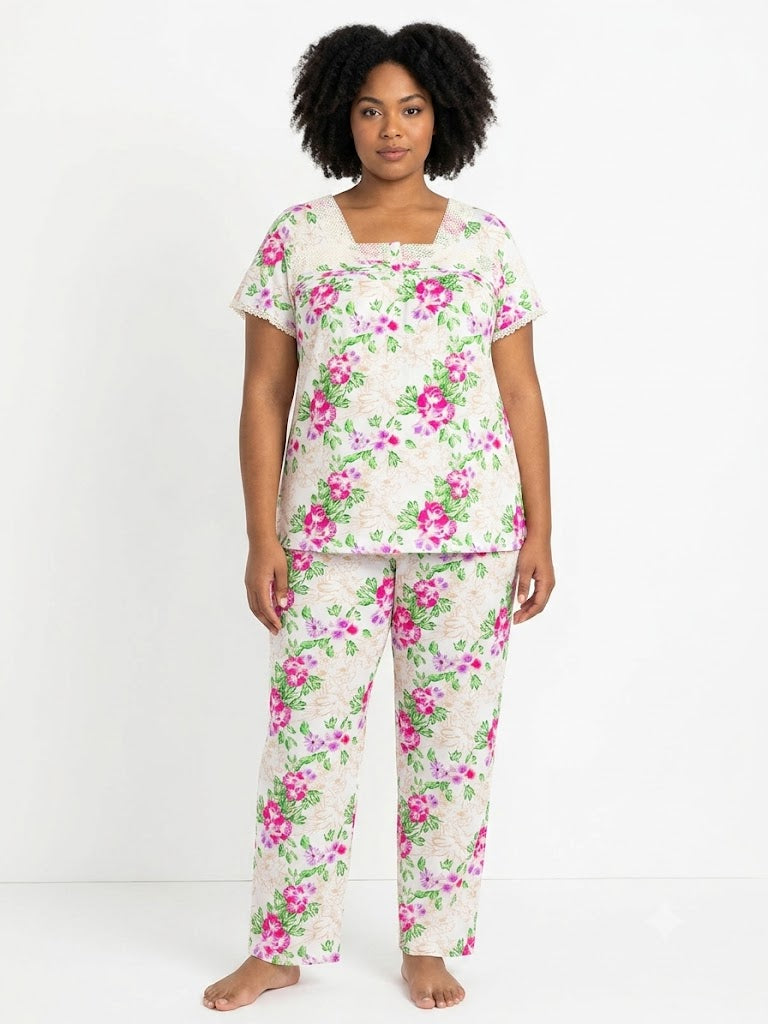 Plus Ladies 2PC S/S Top / Pant Pj Set, Floral Purple