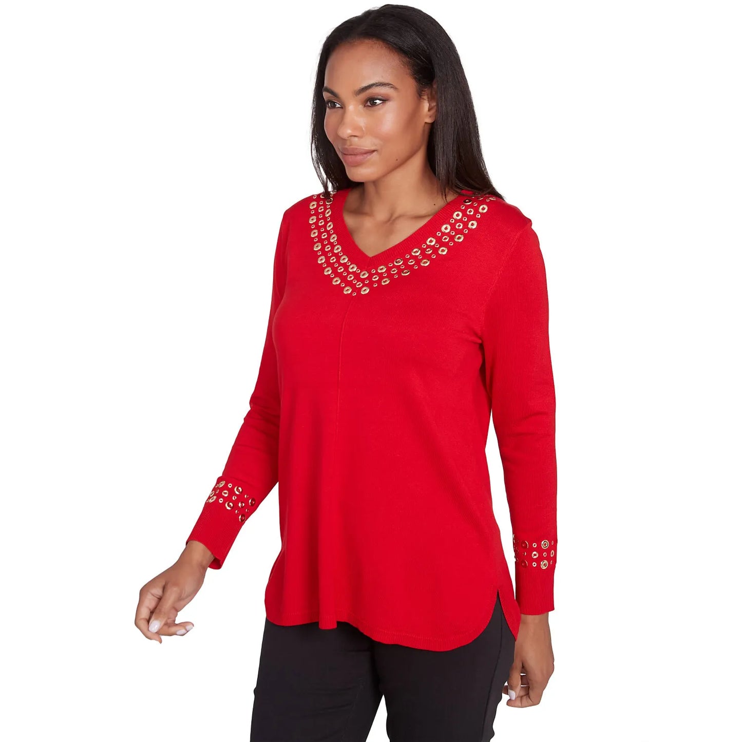 Grommet Embellished Fine Gauge Sweater Lipstick - Ruby Rd