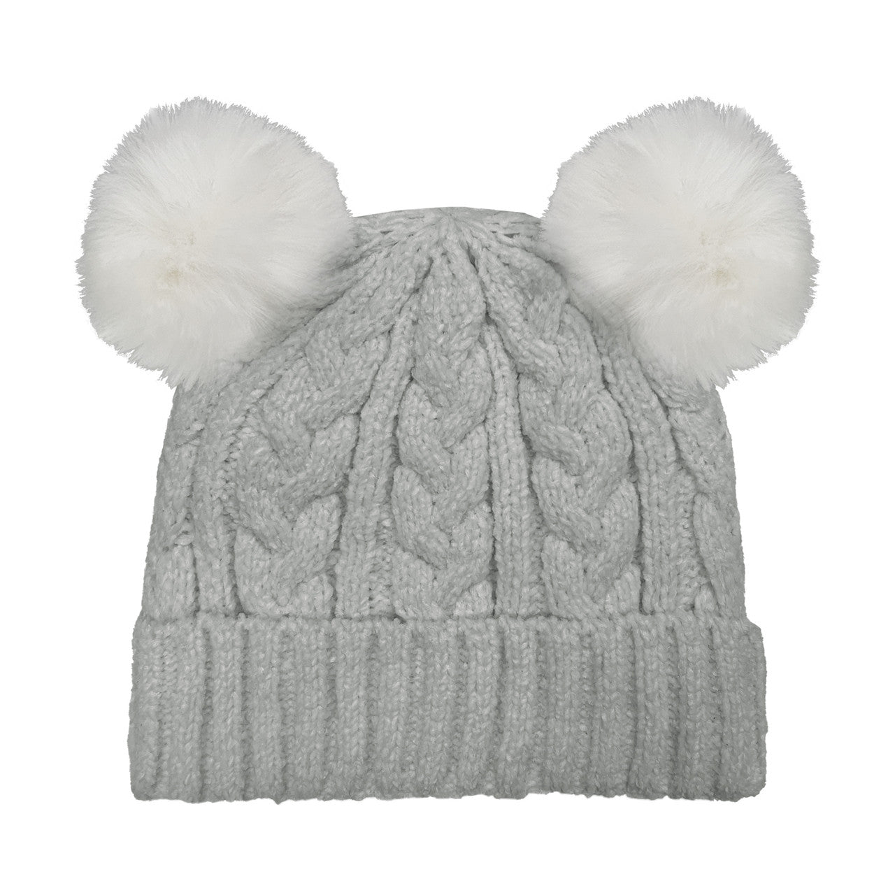DOUBLE FAUX FUR POM CABLE BEANIE GREY