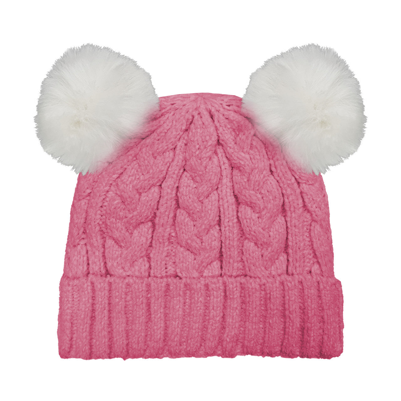 DOUBLE FAUX FUR POM CABLE BEANIE PINK