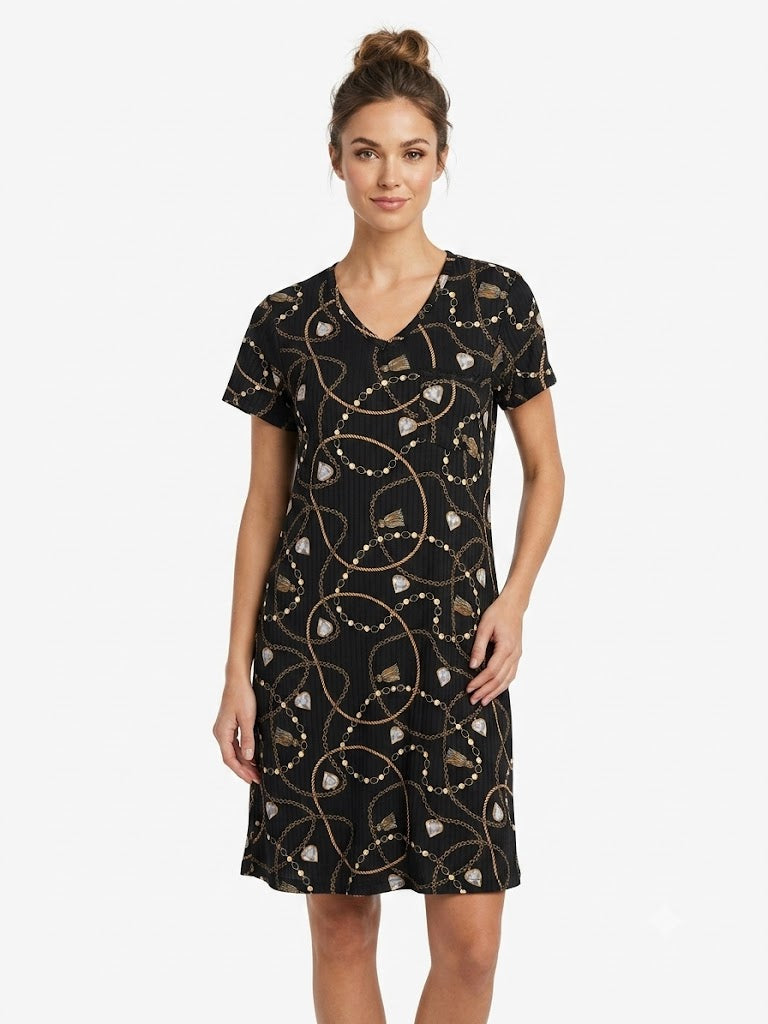 Ladies Ribbed V-Neck Nightgown , Chans ,Black / Gold