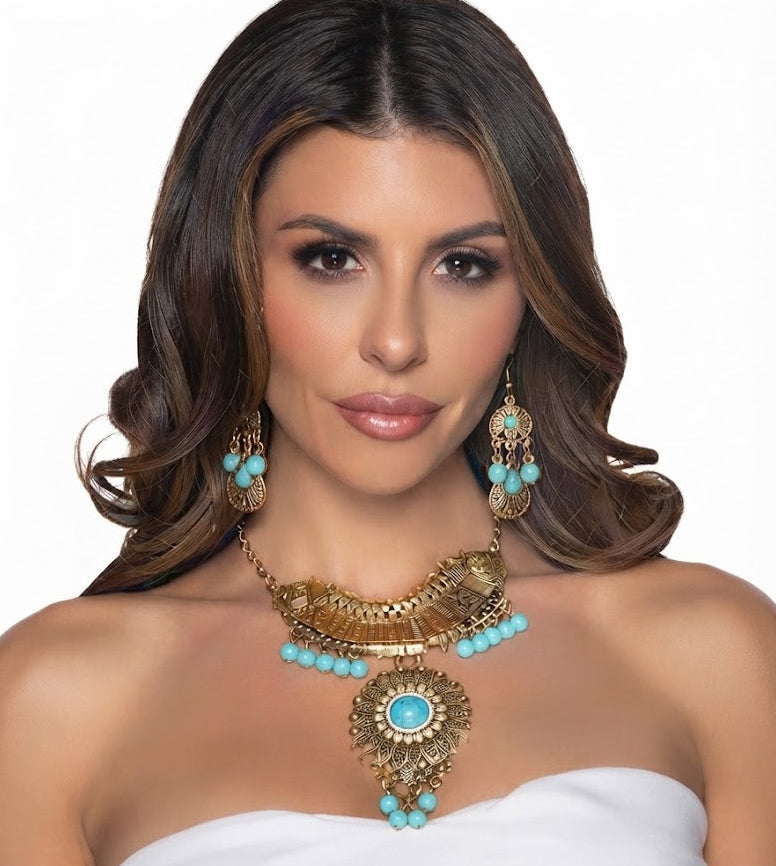 Turquoise & Gold Necklace & Earring Set