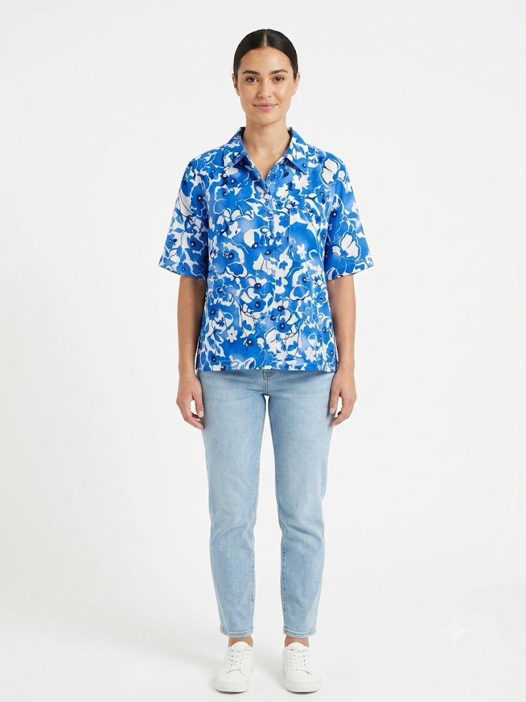 Blouse Print White-Blue - Ninety