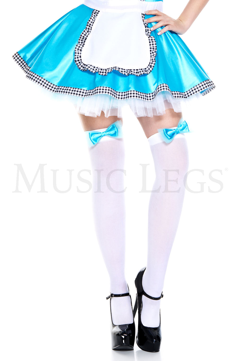 Satin bow with mesh thigh hi White/Turquoise