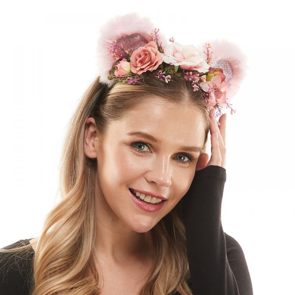 Pink Bear Floral Headband