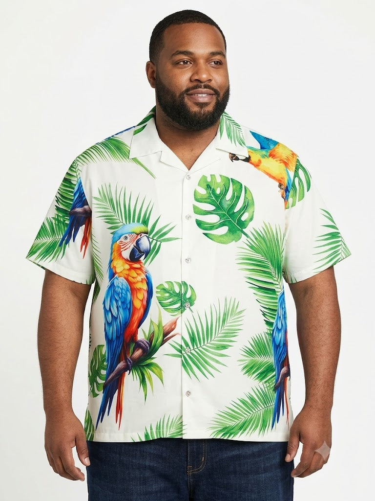 Poly Print Hawaiian Plus Shirts WHITE PARROTS