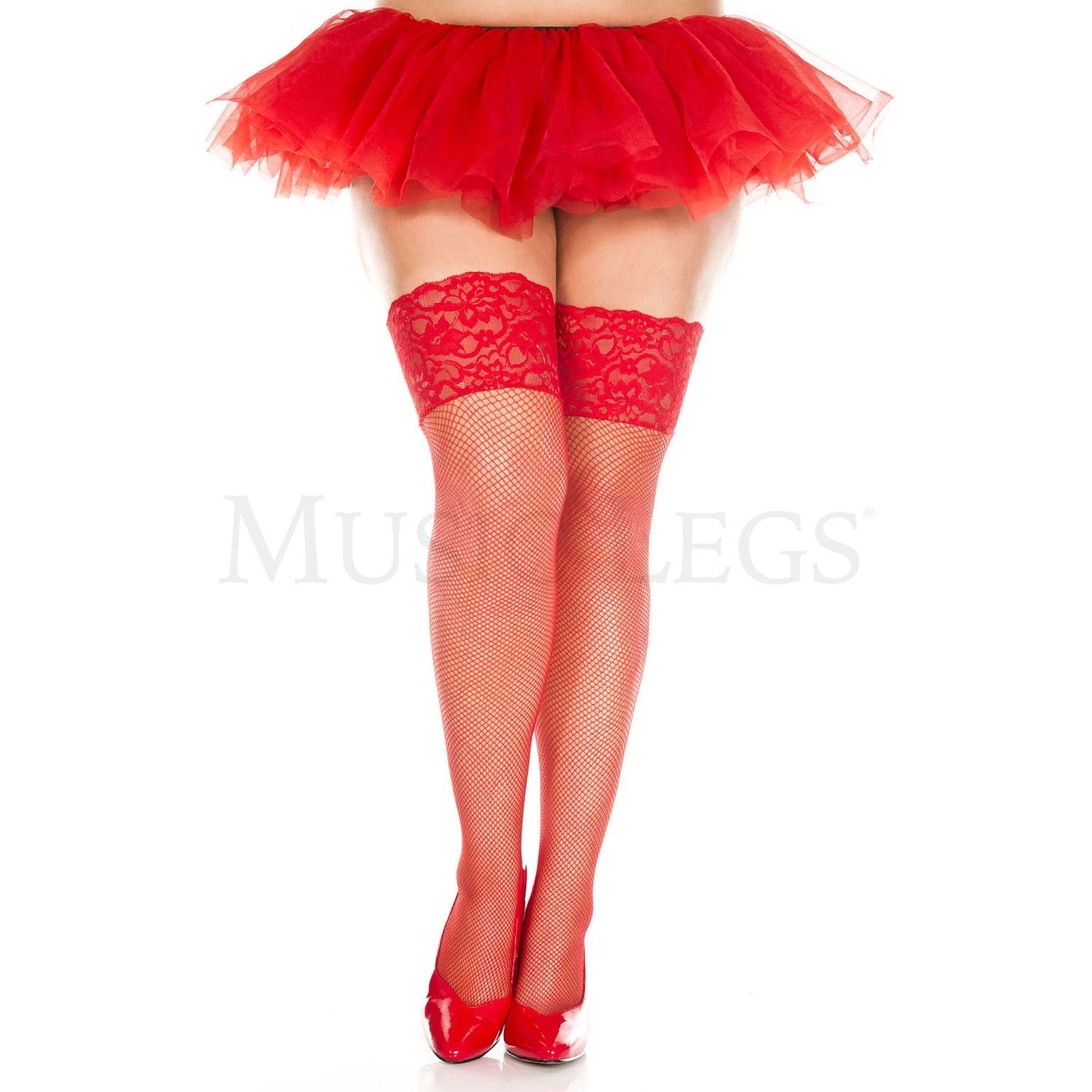 Plus size wide lace top fishnet thigh hi Red