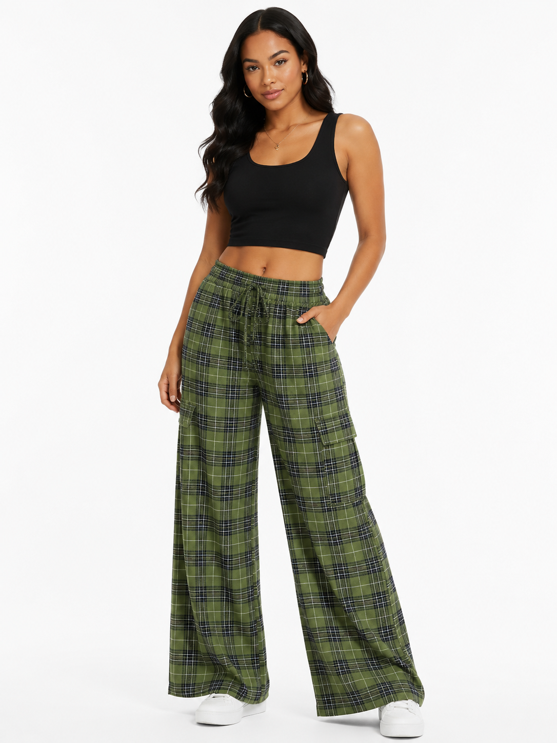 Drawstring Elastic Waistband C Natlie Plaid Olive / Black